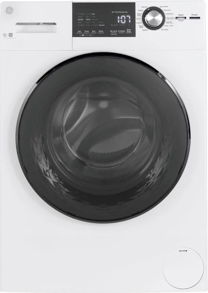 6313656_sd-1.jpg GE – 2.4 Cu. Ft. High Efficiency Stackable Front Load Washer with Steam and Sanitize – White - Image 1